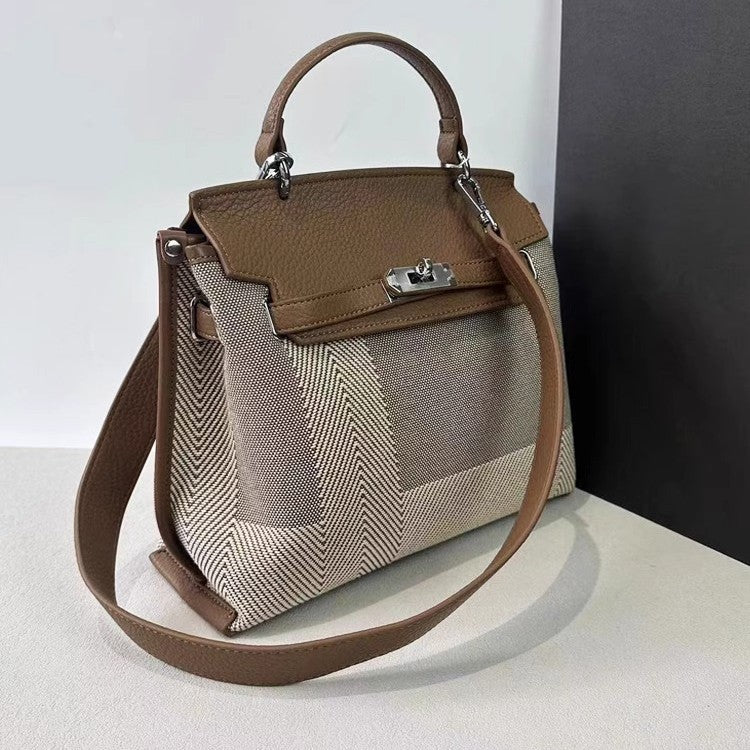 韩版高级感格纹配togo牛皮铂金包大容量女手提单肩通勤包一件代发