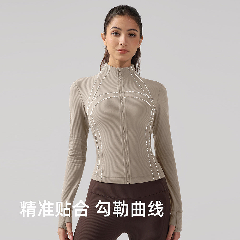 罗纹运动夹克女士百搭立领拉链健身服上衣芯吸速干lulu瑜伽服外套