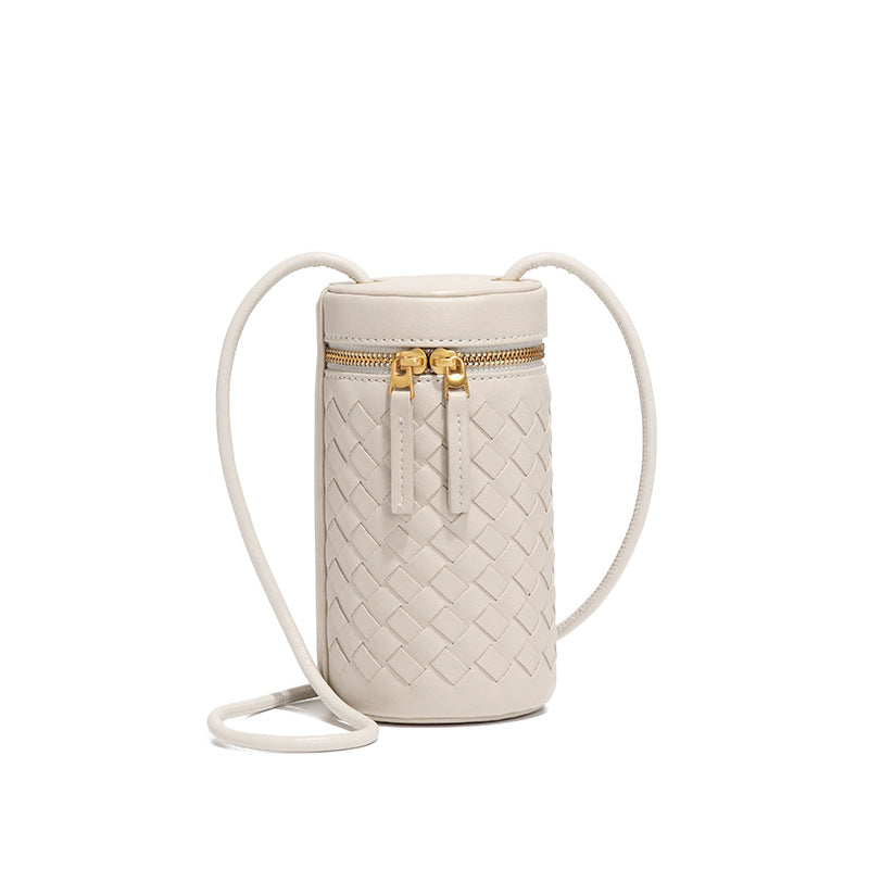 时尚简约纯色圆筒包新款百搭手工编织包包迷你可爱单肩斜挎手机包