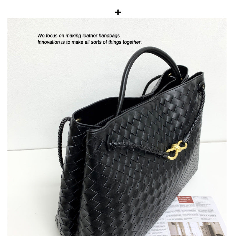 真皮编织包金属绳扣手提包牛皮单肩斜挎包大容量时尚托特包秋冬新