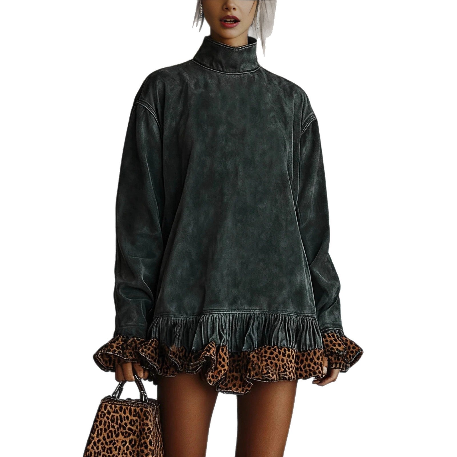 欧美跨境2025亚马逊独立站时尚休闲高领长袖豹纹印花拼接连衣裙