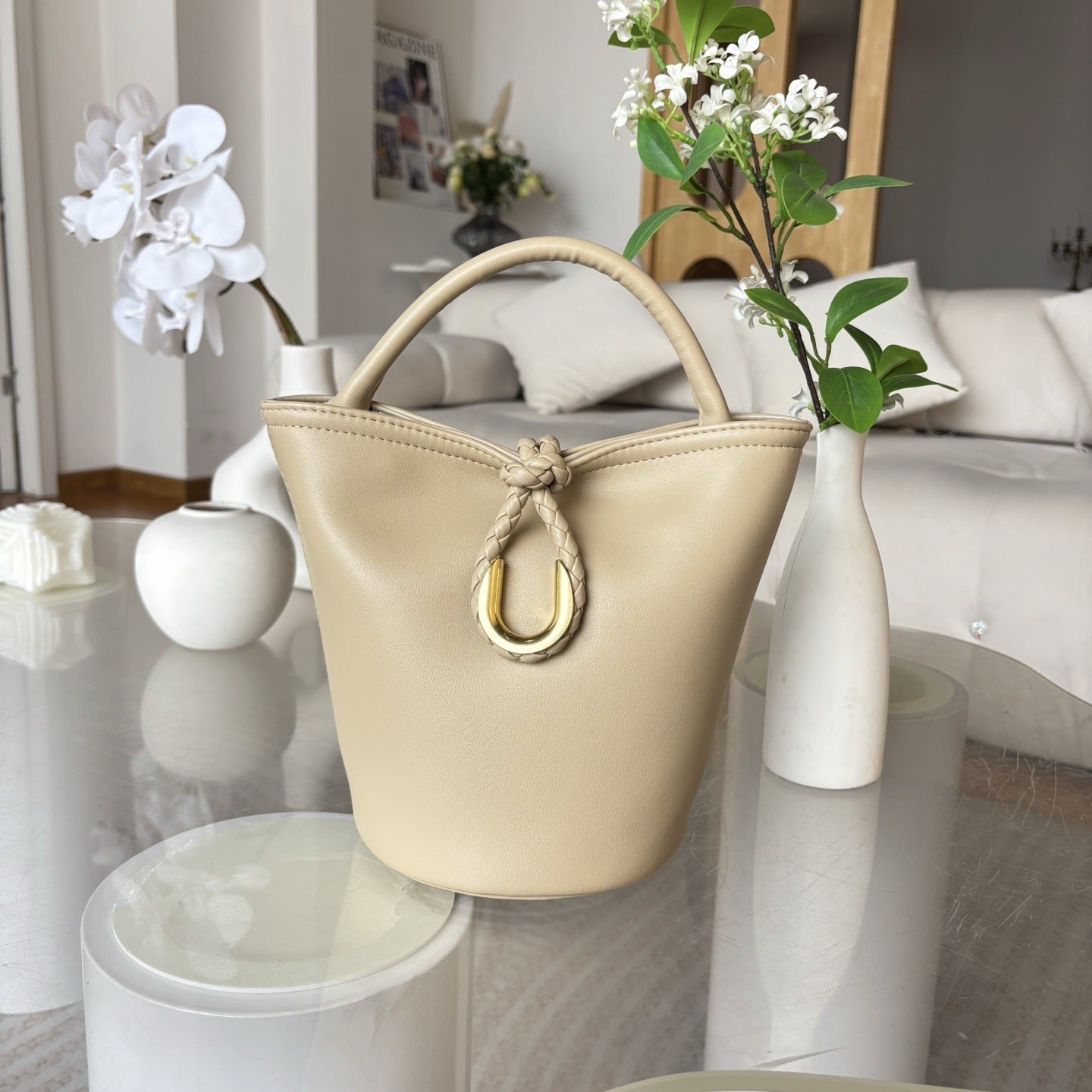 2025新款跨境编织绳结水桶包真皮手拎菜篮子包单肩斜挎小包包女