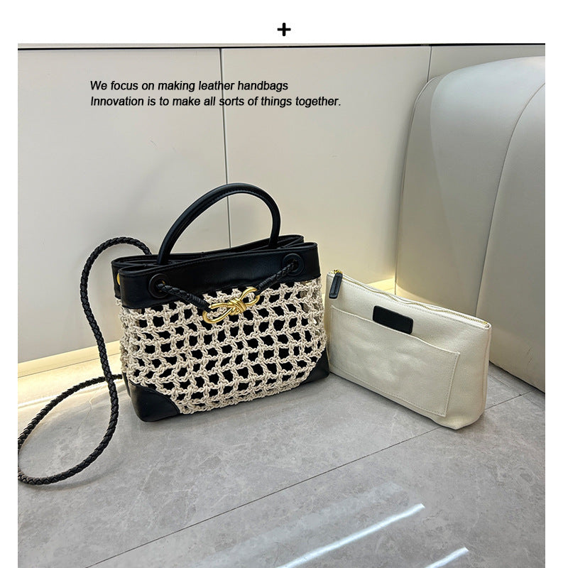 速卖通2025爆款拉菲草金属蝴蝶结托特包简约撞色手拎斜挎托特包包