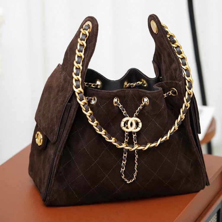 菱格托特包磨砂真皮小香风麂皮绒链条腋下包反绒皮单肩通勤包包女