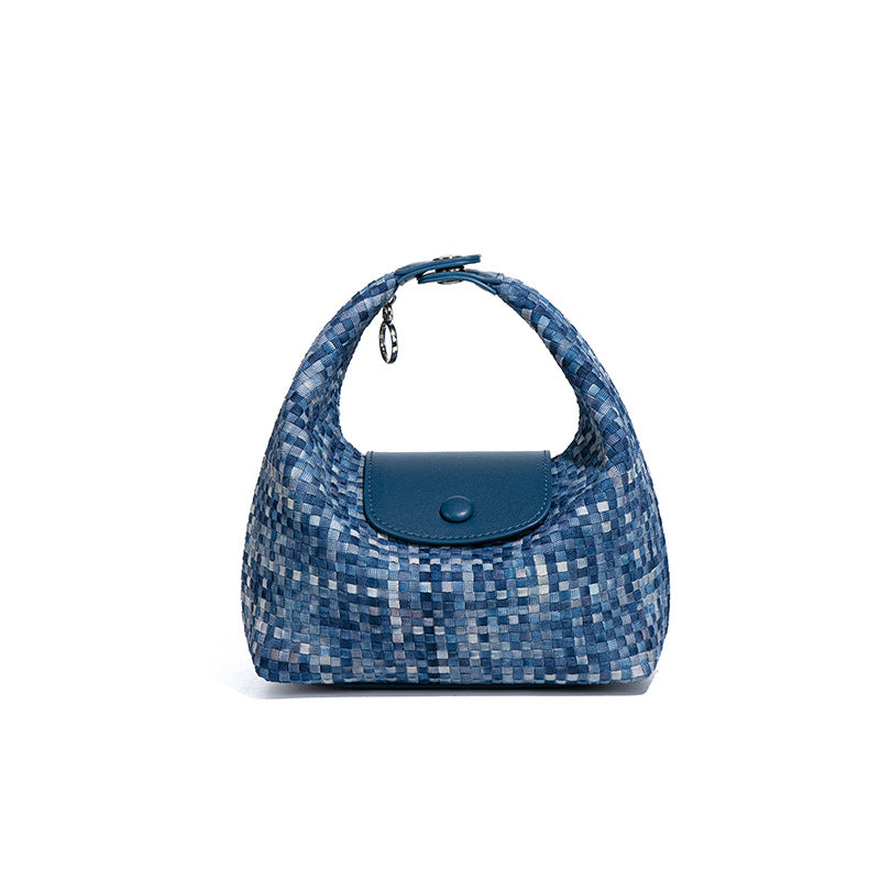 潮流新款拼接手拎饭盒包时尚手工编织女包休闲百搭小众单肩斜跨包