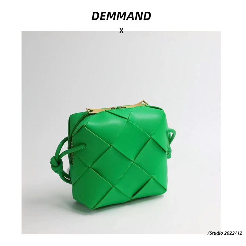 2022小香风菱格真皮手提斜挎包高级感编织包小方盒牛皮ins马鞍包