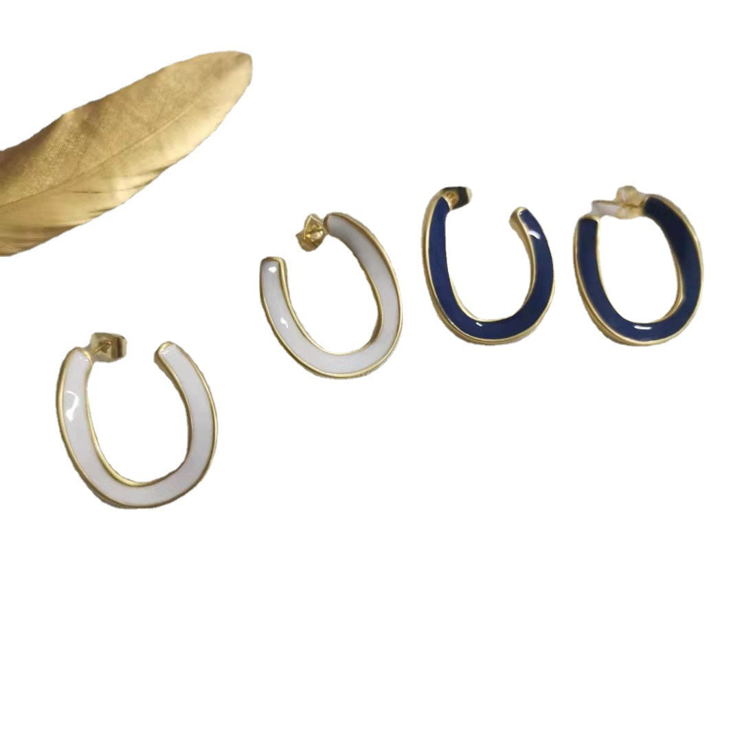 赛家21新款不规则U形耳钉女高级感气质CELI风铜镀金珐琅滴油耳环