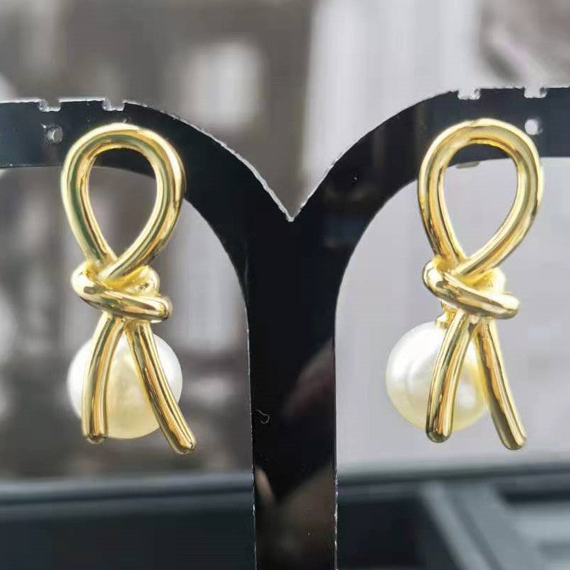 赛家新款几何形耳环法式复古时尚简约金色耳饰品打结珍珠耳钉女