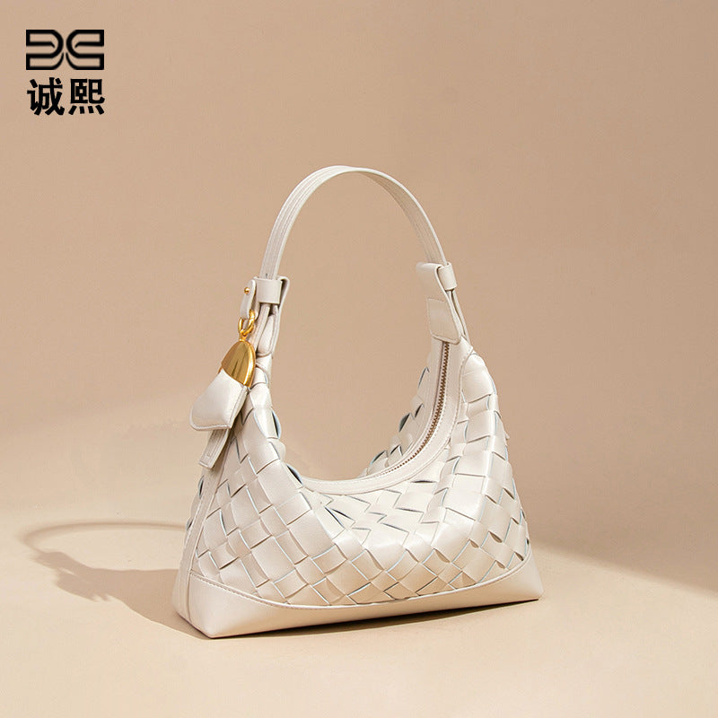 2025新款泡芙手工编织包包女大容量休闲手提饭盒包软皮单肩斜跨包