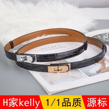 鳄鱼纹H家kelly免打孔皮带女真皮百搭装饰凯莉细腰带配大衣西装