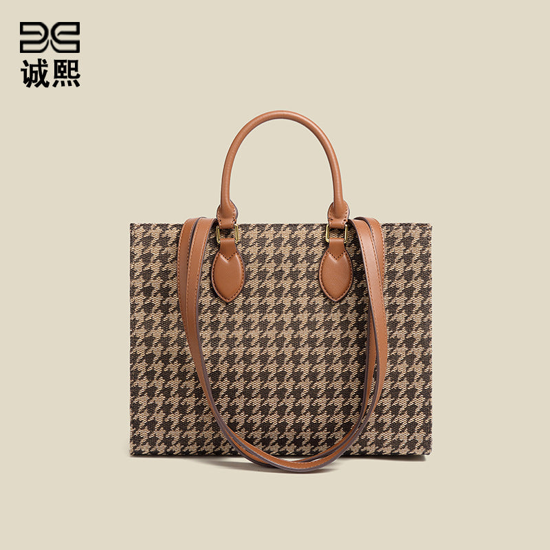 千鸟格手提包商务包女通勤欧美复古大容量托特包2025潮秋冬购物包
