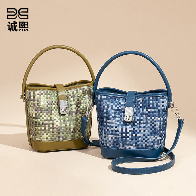 潮流撞色手提包个性百搭编织女包大容量水桶包质感休闲单肩斜跨包