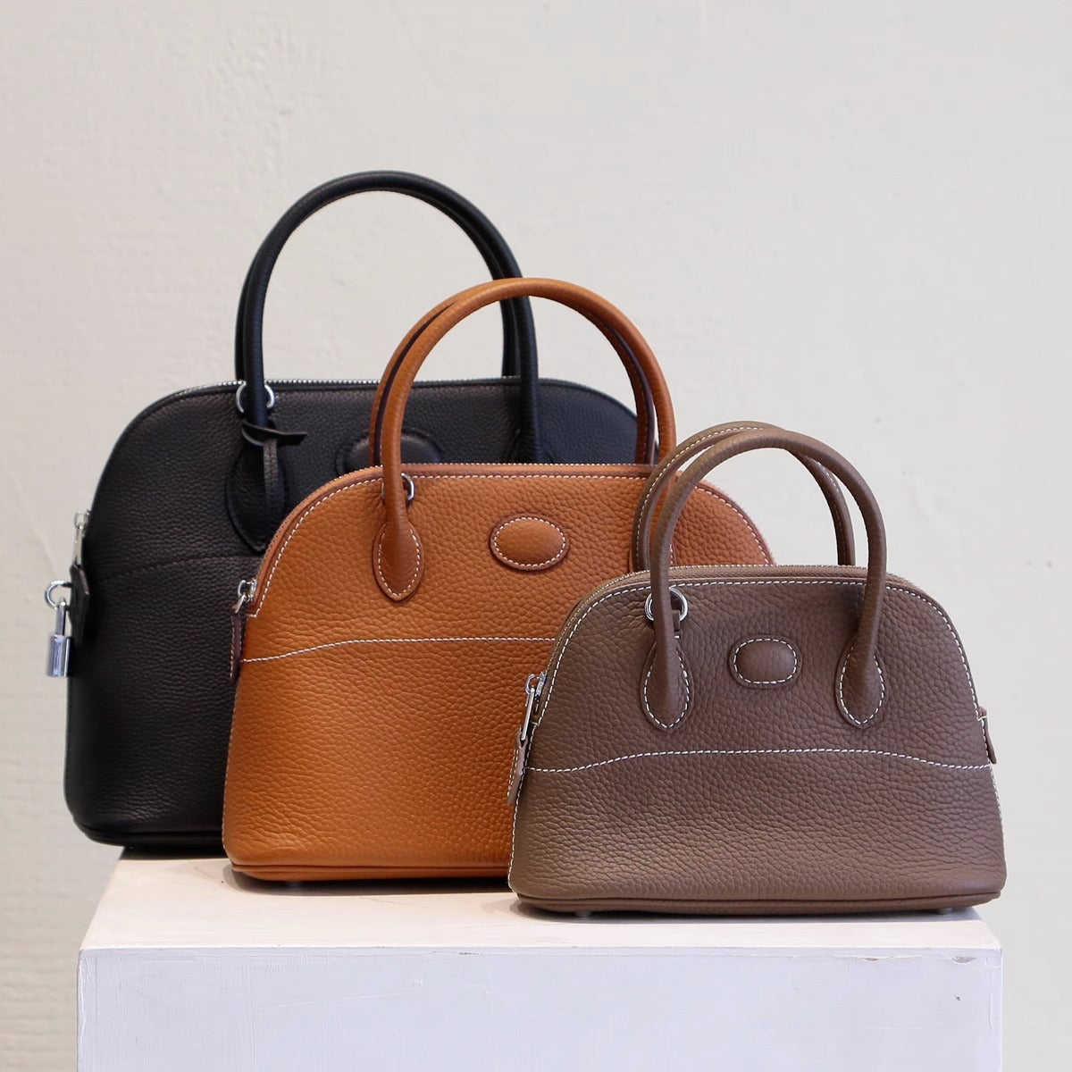 新款荔枝纹真皮贝壳包头层牛皮保龄球手提包拉链大容量通勤女包