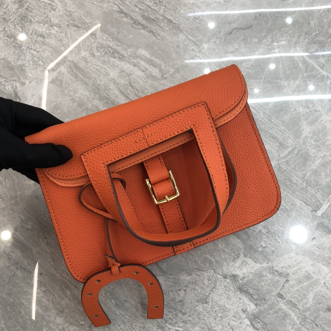 2024新马蹄包时尚单肩斜跨手提荔枝纹头层牛皮休闲真皮女包哈赞包