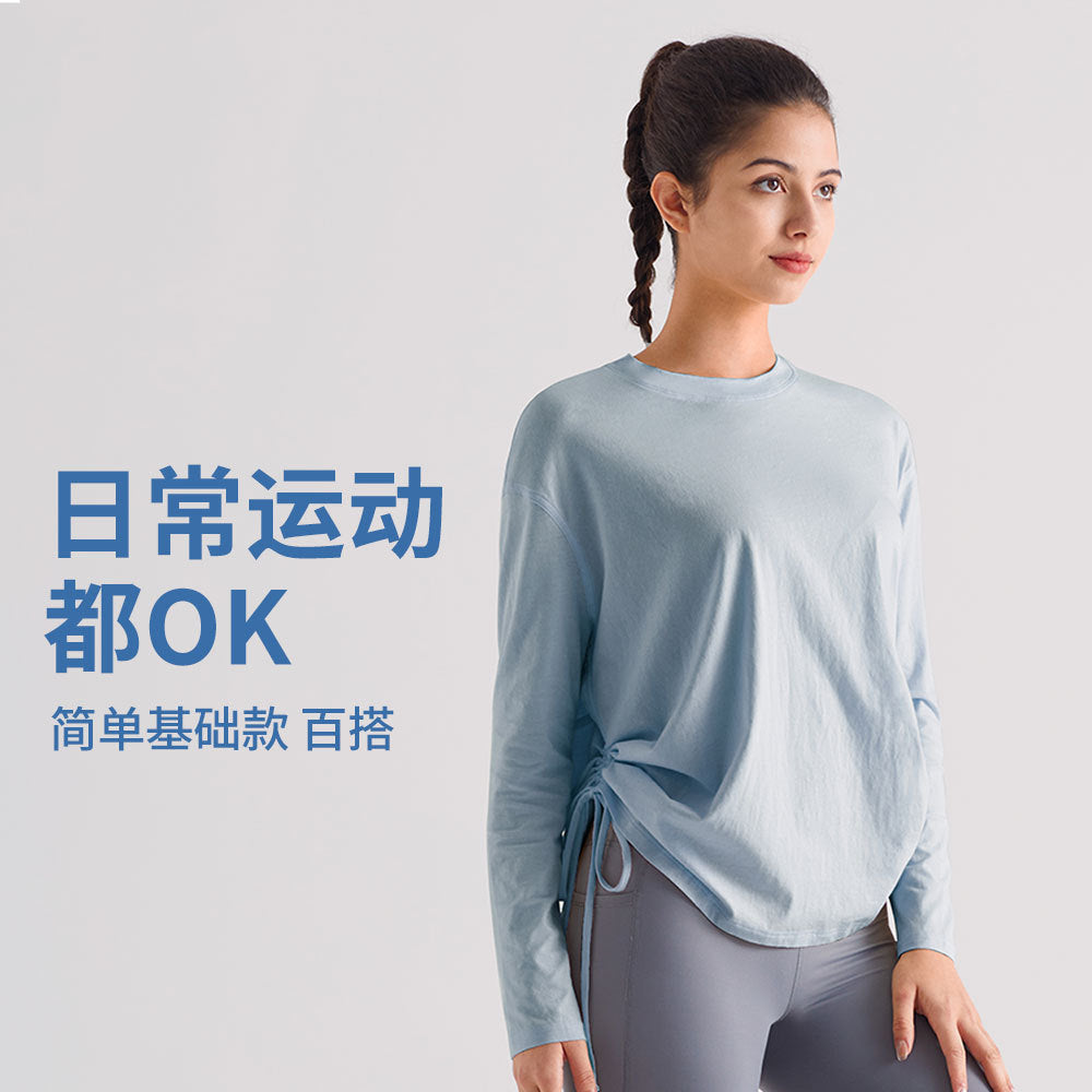 宽松抽绳运动上衣女透气速干健身T恤防晒跑步瑜伽服长袖休闲罩衫