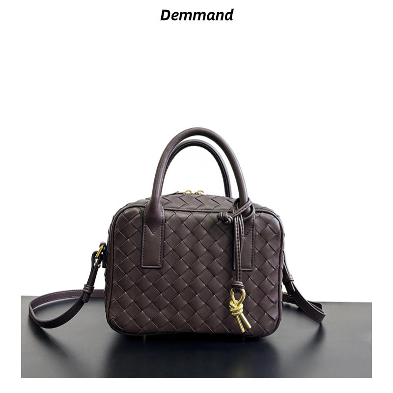 进口2023牛皮编织手提小方包饭盒包斜挎包高级冷波士顿编织小方包