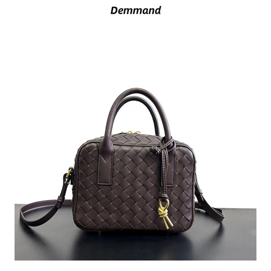 进口2023牛皮编织手提小方包饭盒包斜挎包高级冷波士顿编织小方包