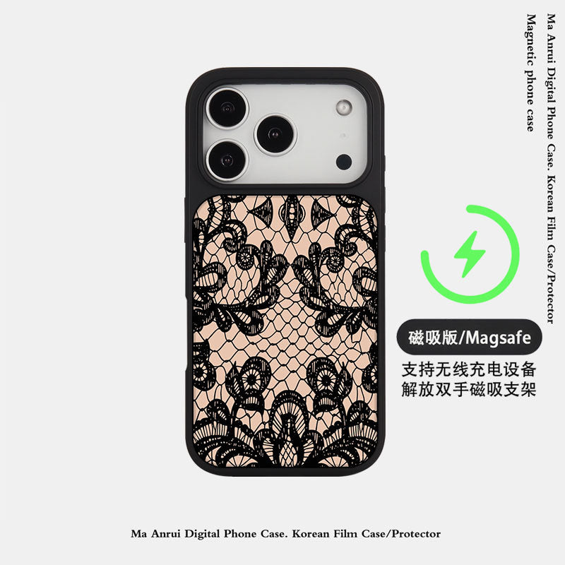 外贸蕾丝花纹适用苹果16pro晶瓷手机壳iPhone17亚克力PC磨砂防摔