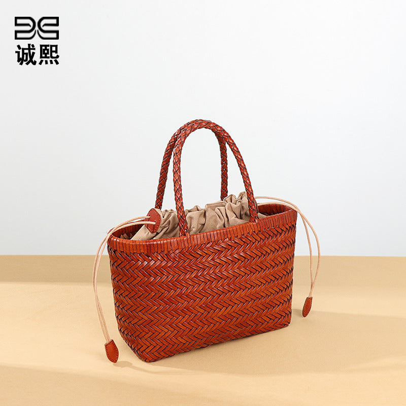 厂家小众设计菜篮子真皮手拎包复古手工编织包单肩斜挎子母编藤包