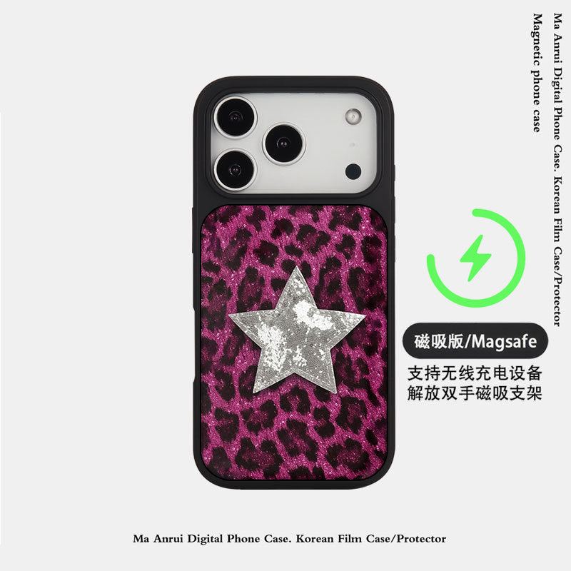 外贸豹纹星星适用苹果17pro晶瓷手机壳iPhone16亚克力PC磨砂防摔
