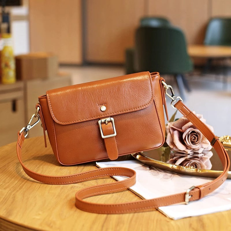 植鞣皮女包2023新款时尚邮差包复古单肩小包包头层牛皮斜挎包