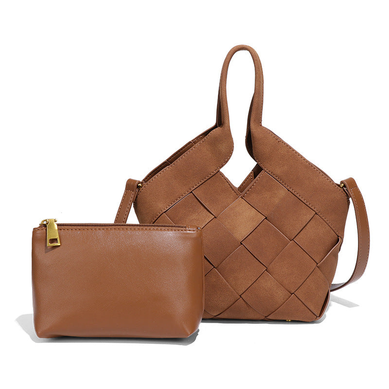 时尚磨砂高级感手拎单肩女包小众手工编织包包简约潮流子母斜挎包