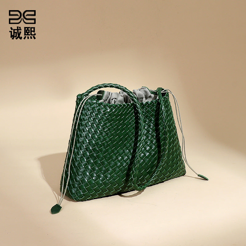 韩版时尚单肩女包大容量菜篮子母包手工编织包包潮流纯色腋下女包