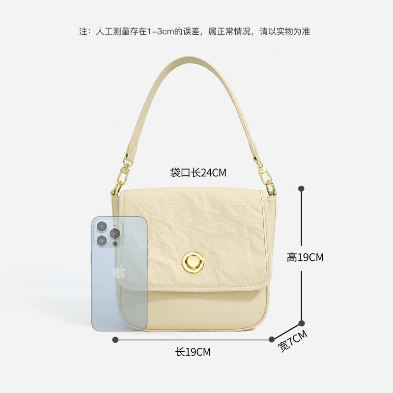 褶皱腋下邮差包 复古百搭单肩斜挎女包手抓纹牛皮托特包一件代发