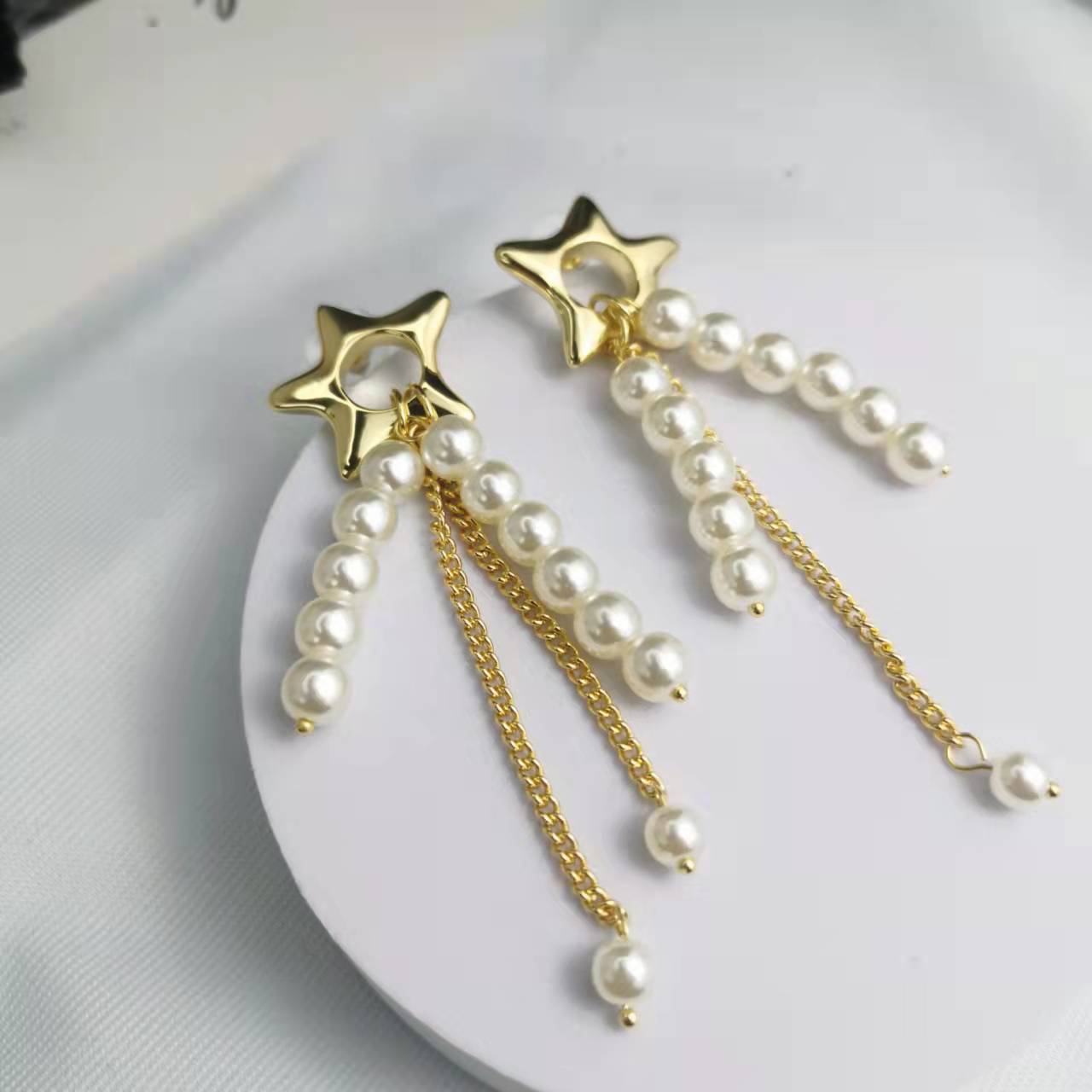 CELI21新款法式五角星珍珠流苏耳钉女高级感气质不对称耳环