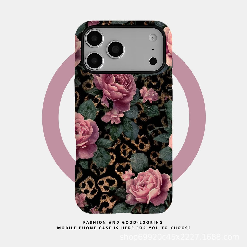 ins风豹纹玫瑰适用苹果17Promax手机壳爆款iPhone16磁吸15菲林壳