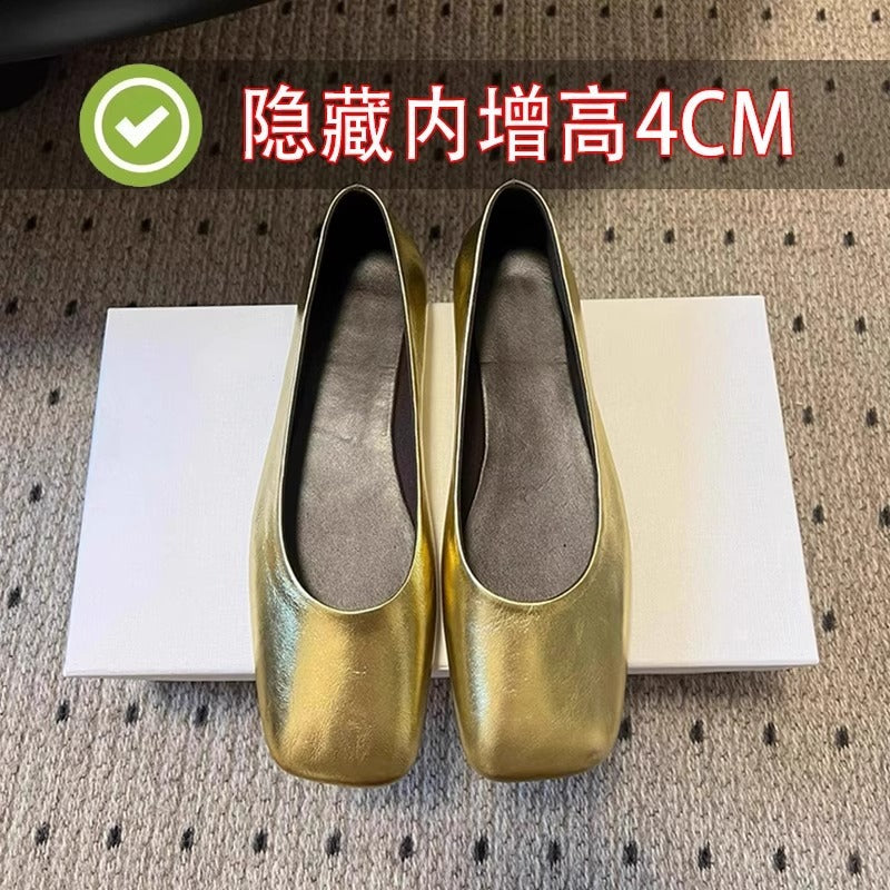 羊皮版~row风金色方头浅口内增高奶奶鞋玛丽珍单鞋女平底女鞋子
