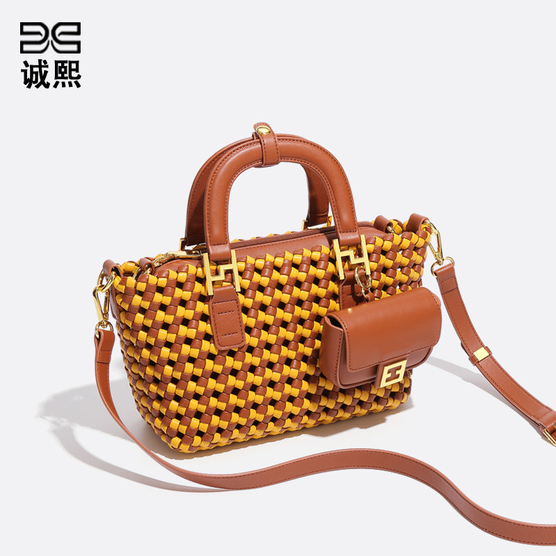 秋冬新款拼色手工编织包复古时尚单肩斜跨包休闲百搭三合一手提包