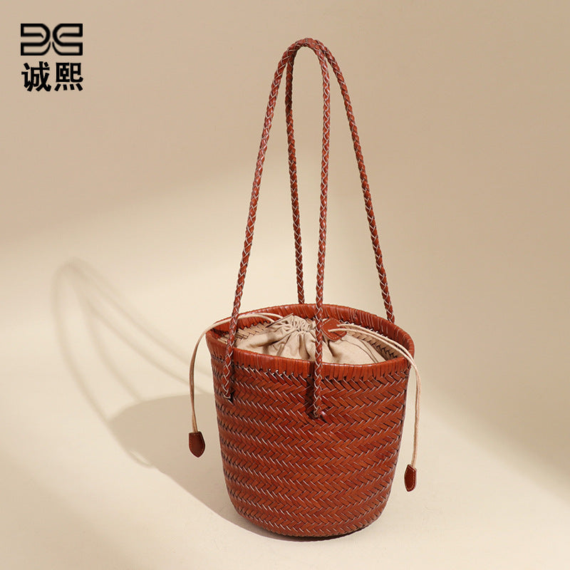 夏季沙滩度假菜篮子真皮编织女包休闲简约手提子母包单肩腋下包包