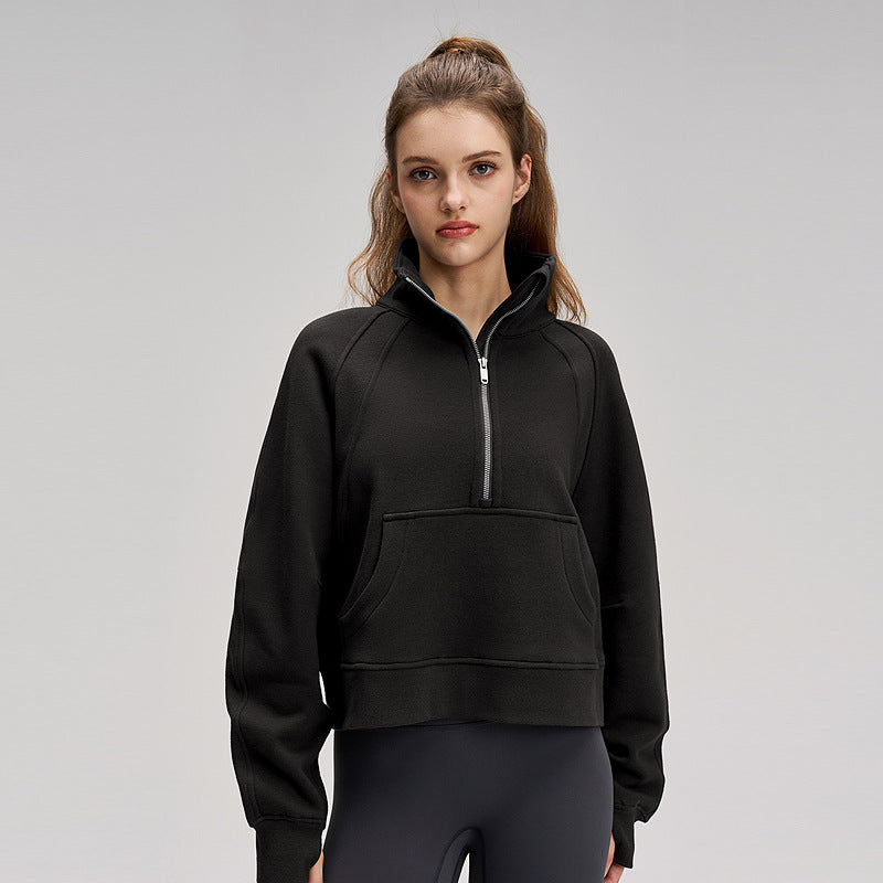 防风运动外套女加绒加厚半拉链宽松瑜伽健身服棉lulu烟囱高领卫衣