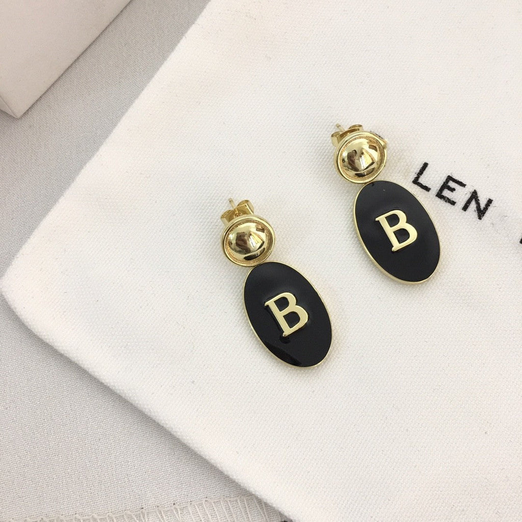 巴黎家新款B字母黑色椭圆形耳环女网红长款时尚耳钉欧美小众耳饰