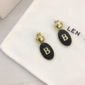 巴黎家新款B字母黑色椭圆形耳环女网红长款时尚耳钉欧美小众耳饰