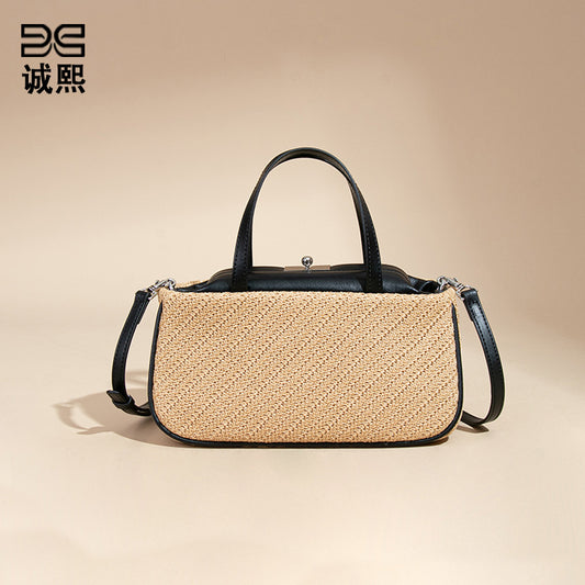 夏季时尚小众拉菲草手提女包简约百搭单肩斜跨包休闲手拎小方包包
