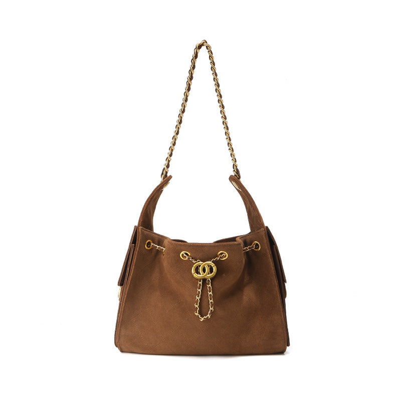 菱格托特包磨砂真皮小香风麂皮绒链条腋下包反绒皮单肩通勤包包女