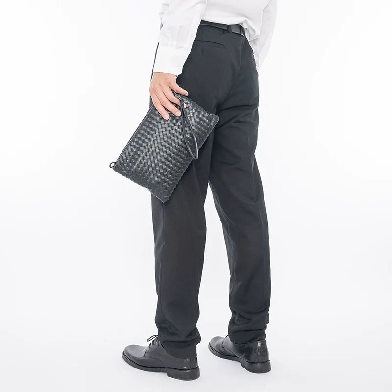 X&BV手包男真皮男士手拿包大容量商务休闲编织手抓包夹包信封包男