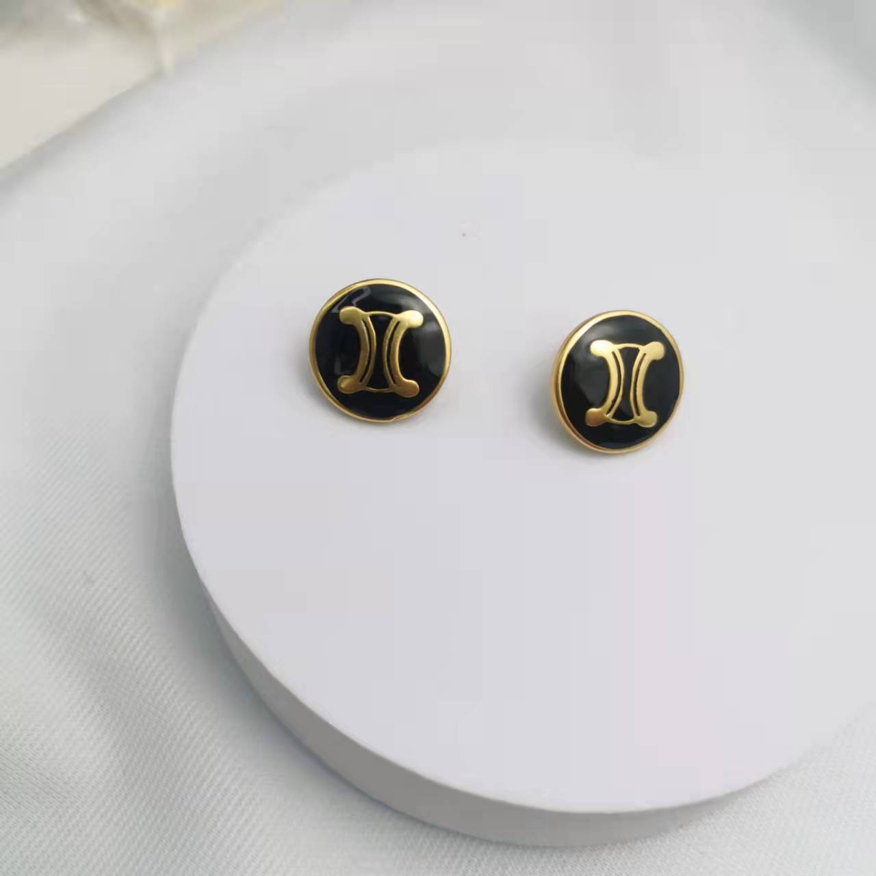 CEL家22新款圆形黑色凯旋门耳钉女高级感气质复古圆圈珐琅耳环