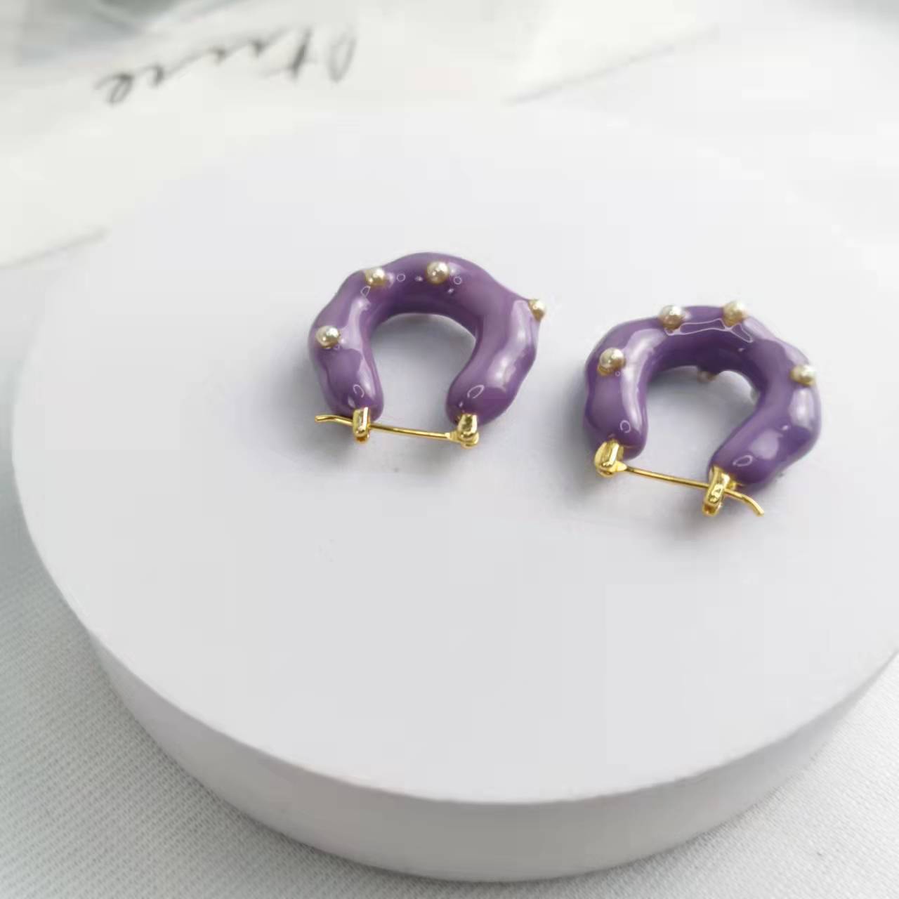 CELI家21新款U形几何紫色珐琅耳环女高级感气质港风拼色耳扣