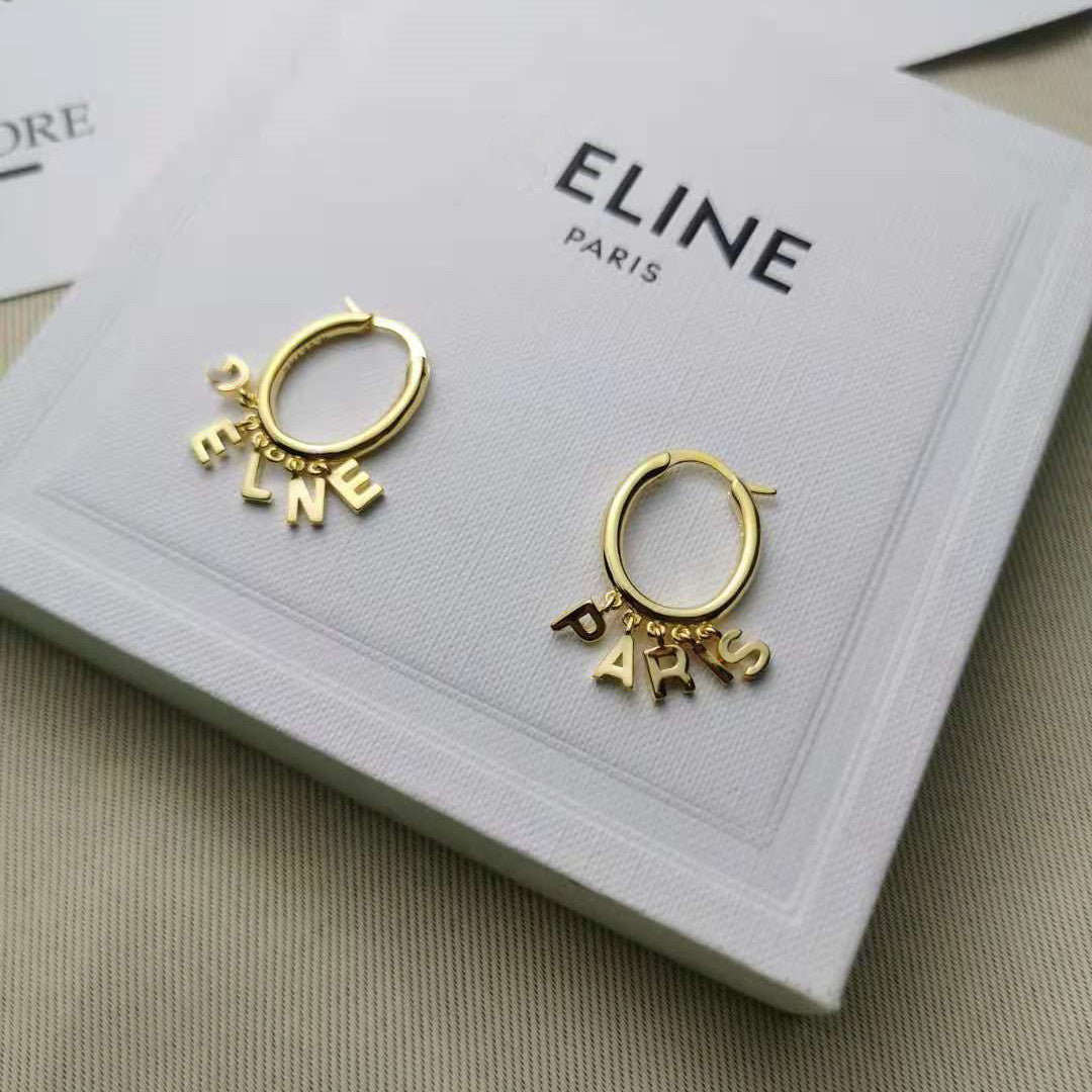 赛家2021新款logo字母耳环女高级感气质耳圈Celin风金色流苏耳扣