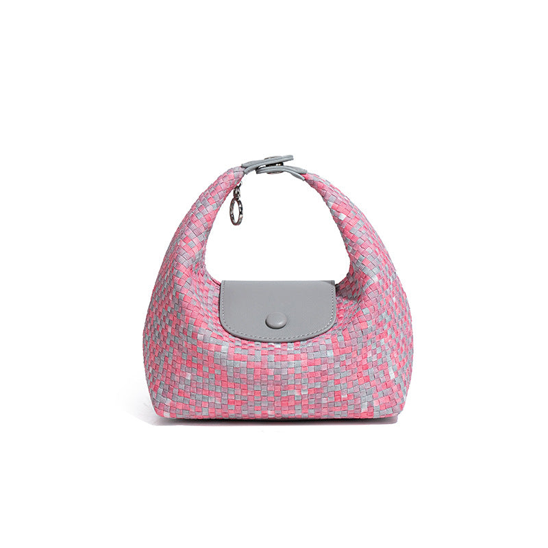 潮流新款拼接手拎饭盒包时尚手工编织女包休闲百搭小众单肩斜跨包