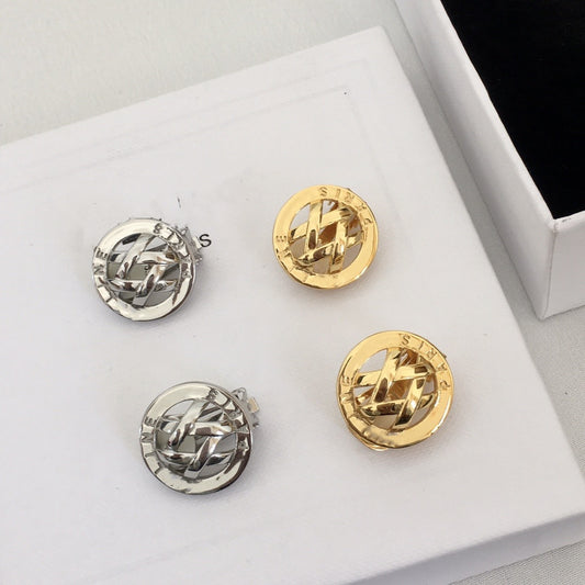 赛林家新款字母编织耳夹女中古vintage风CEL黄铜无耳洞格纹耳环