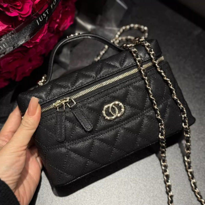 小香风25C春夏化妆盒子包牛皮菱格链条LP形手拿斜跨包新款潮流