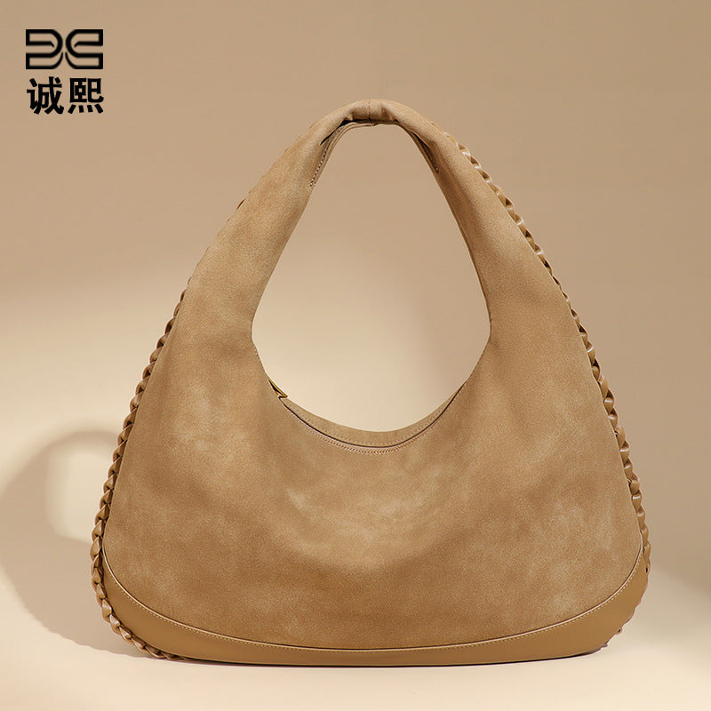 新款麂皮绒磨砂单肩女包复古大容量通勤腋下包手拎百搭时尚月牙包