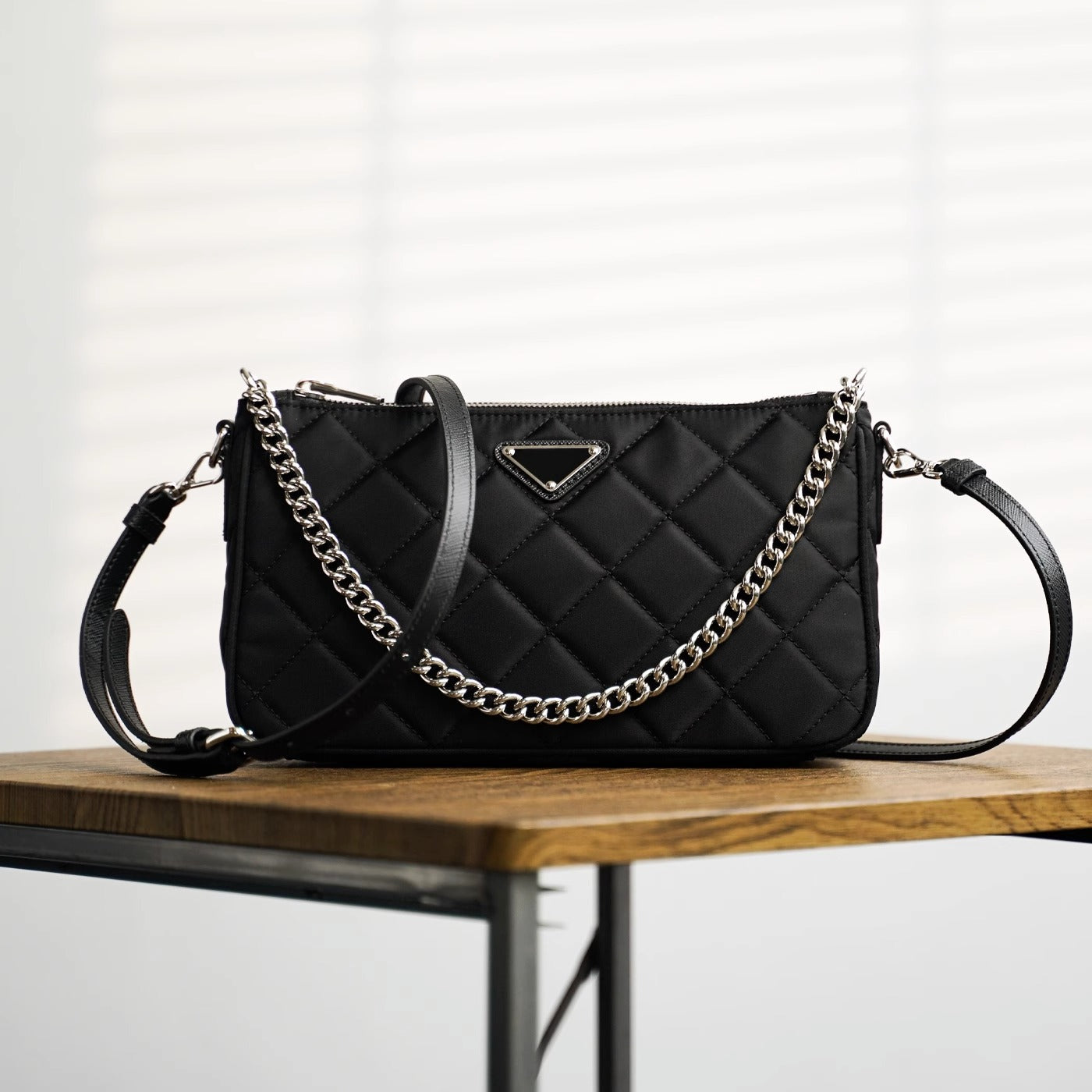 新尼龙单肩斜挎菱格链条中古相机包手提饭盒腋下小方包女1BH026 P