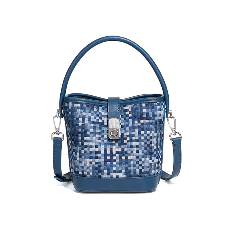 潮流撞色手提包个性百搭编织女包大容量水桶包质感休闲单肩斜跨包
