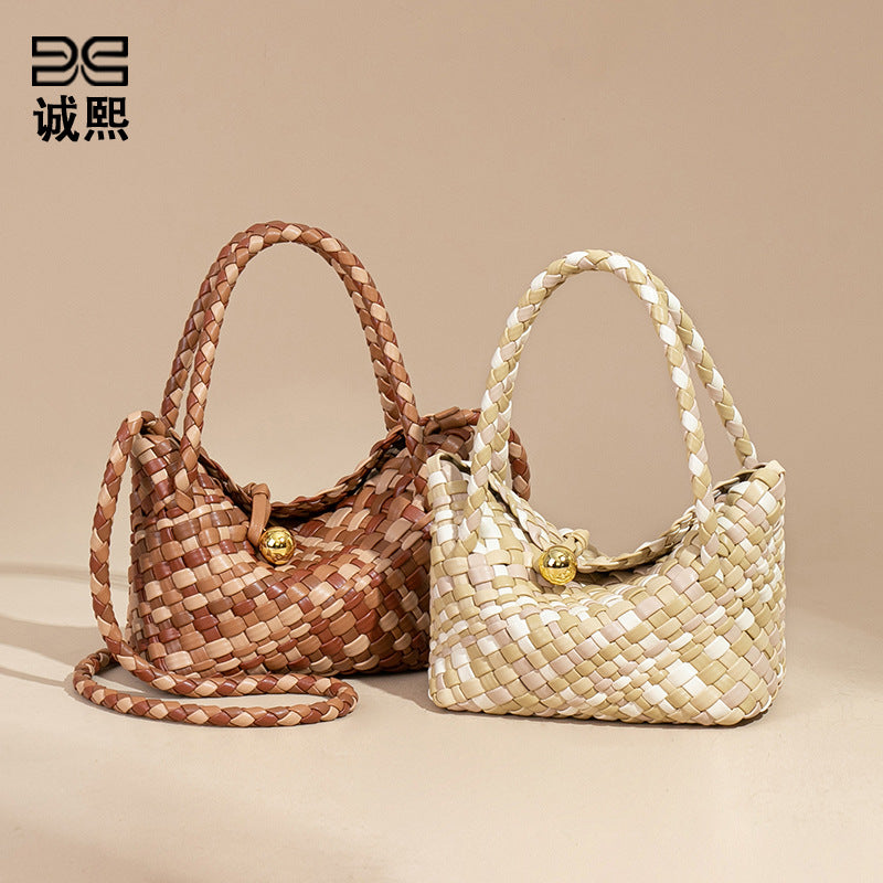 外贸新款彩色手工编织包小众菜篮手提女包休闲百搭子母单肩斜跨包