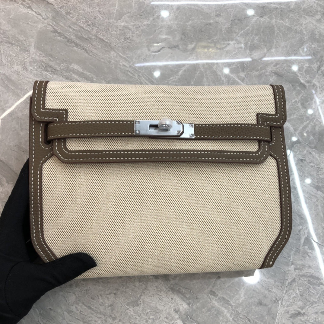 欧美时尚帆布配牛皮凯莉包2024秋冬新款单肩斜挎撞色气质小方包女